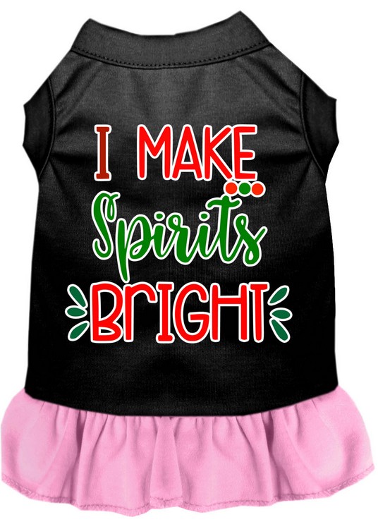 I Make Spirits Bright Screen Print Dog Dress Black with Light Pink Lg